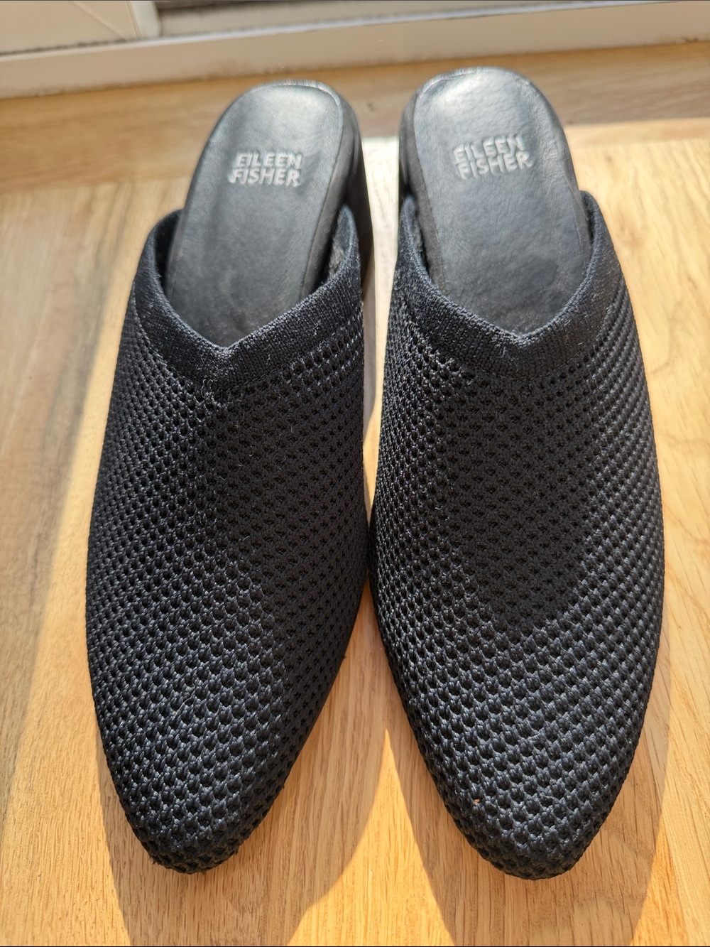 Eileen Fisher Black Woven Mesh Mule Heels Size 7.5 Minimalist Slip On Shoes NWOT - Picture 2 of 7